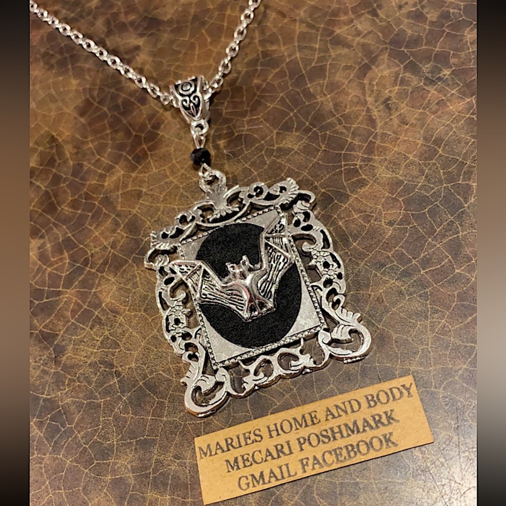 Bat Necklace Pendant Square Frame Black Antique Silver Goth Jewelry unisex New